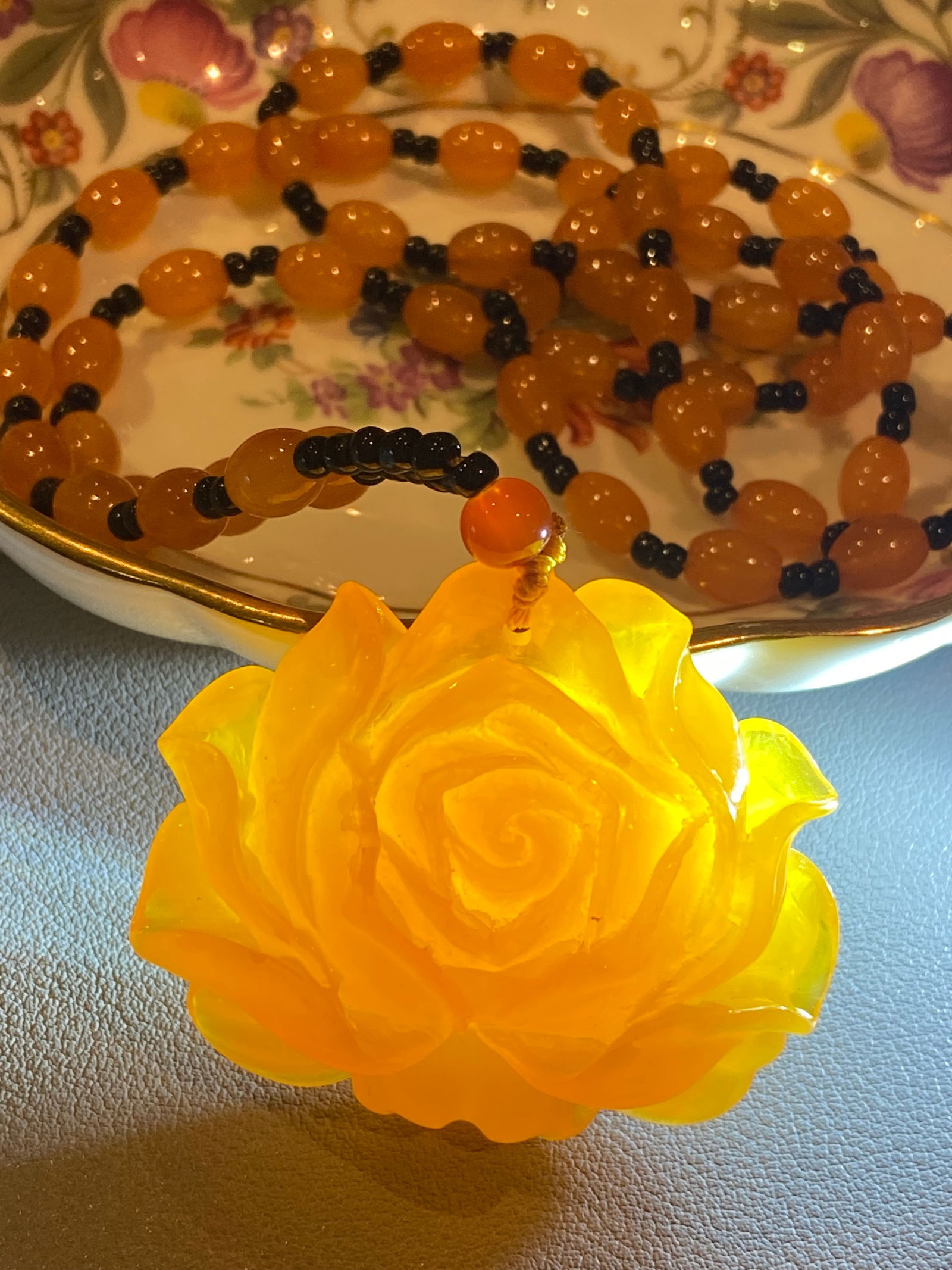 Amber-like Hand Carved Large Flower Pendant with Beaded Chain - 5