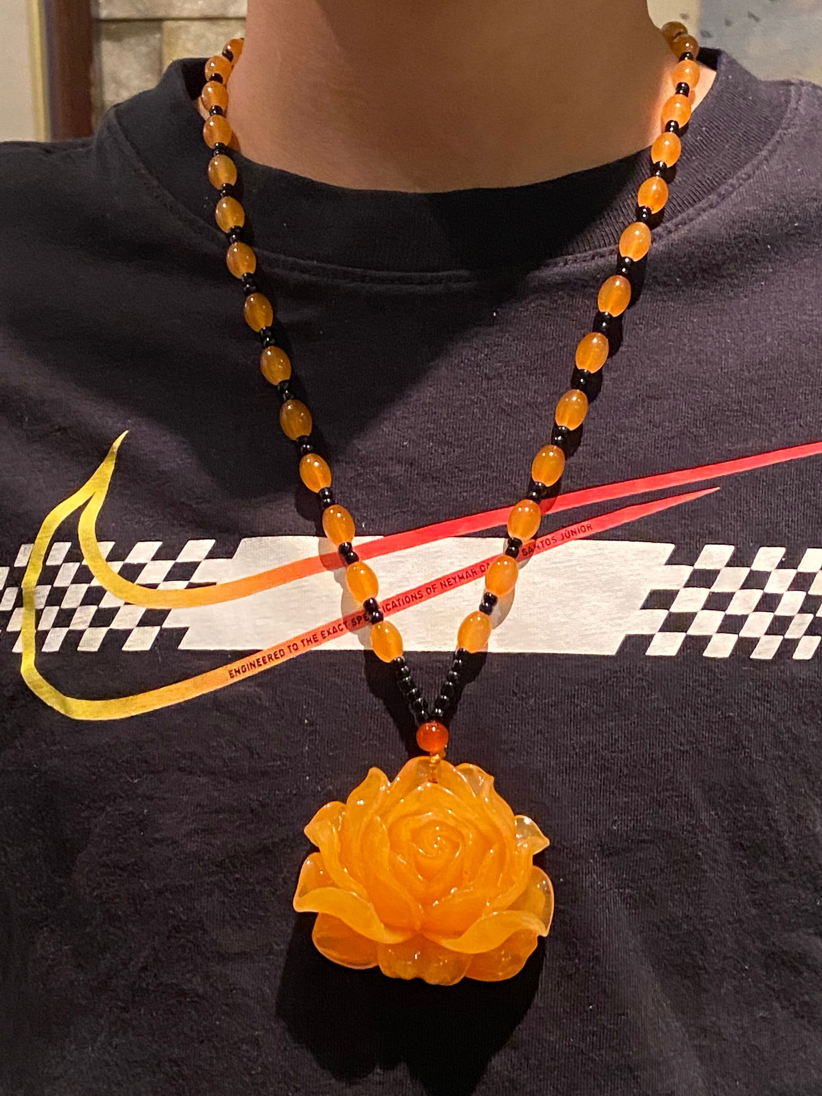 Amber-like Hand Carved Large Flower Pendant with Beaded Chain - 8
