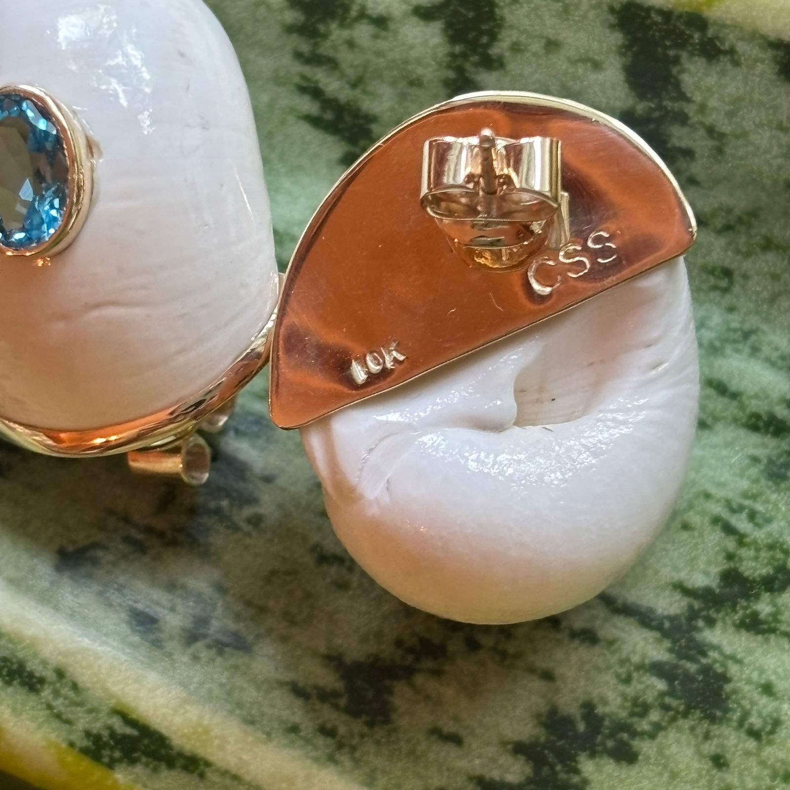 White Natica Shell "Sleeper" Earrings with Blue Topaz - 2