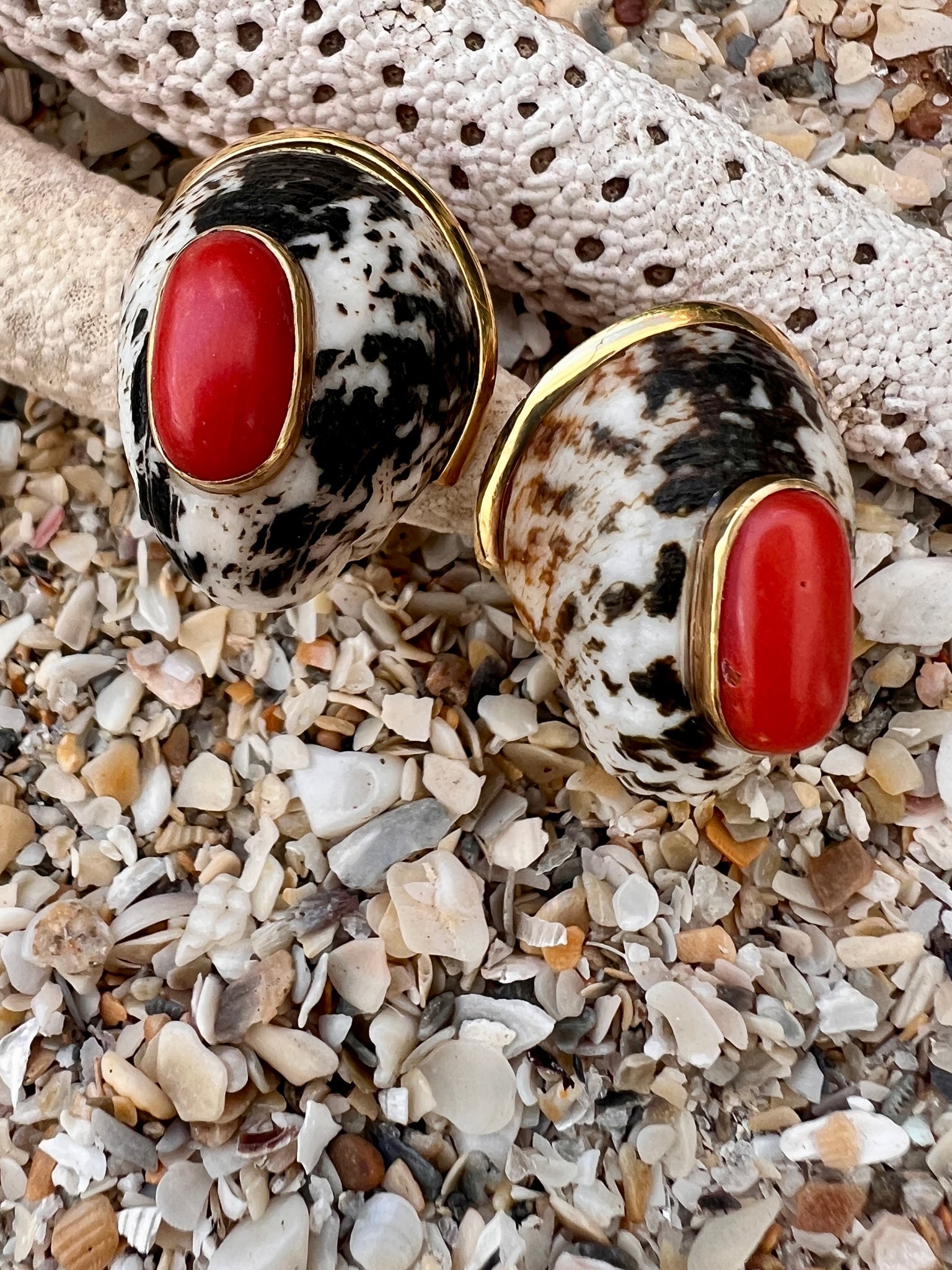 10-karat Gold Nerite Shell Earrings with Italian Red Coral: Title:10-karat Gold Nerite Shell Earrings with Italian Red Coral Description:Exquisite Nerite Shell Earrings with large oval Italian Red Coral Cabochons - Showstoppers! Signed CSS - Post Back - 1" Lon