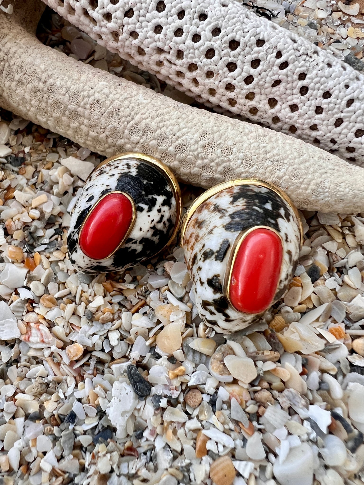 10-karat Gold Nerite Shell Earrings with Italian Red Coral - 2