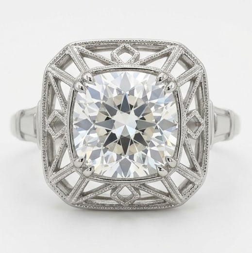 Art Deco Geometric Cage/Gallery Cushion Cut 5 ct Lab-Grown Diamond Ring in 14K White Gold: Title: Art Deco Geometric Cage/Gallery Cushion Cut 5 ct Lab-Grown Diamond Ring in 14K White Gold Description: This refined art deco geometric cage/gallery ring features a 5 ct lab-grown diamond in a c