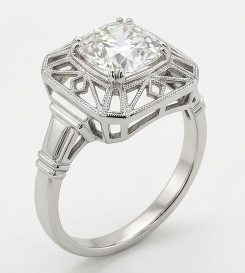 Art Deco Geometric Cage/Gallery Cushion Cut 5 ct Lab-Grown Diamond Ring in 14K White Gold - 2