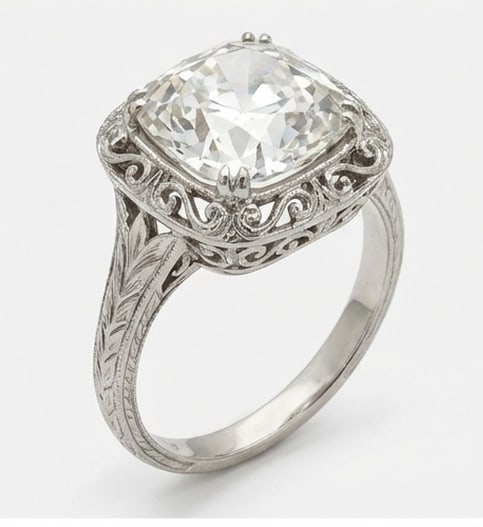 Vintage Solitaire with Filigree Basket Cushion Cut (Old Mine) 4 ct Lab-Grown Diamond Ring in 14K - 3