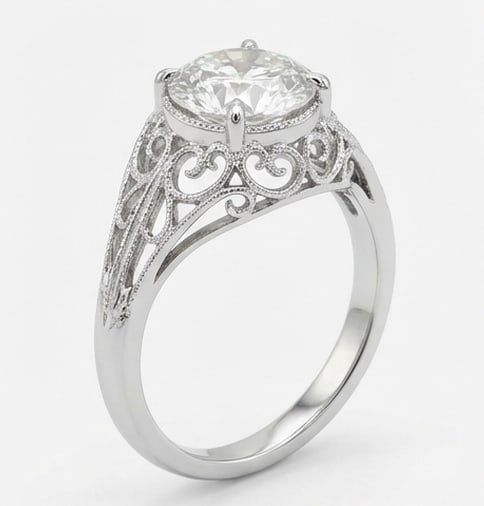 Vintage Bezel with Open Scrollwork Round Brilliant 3 ct Lab-Grown Diamond Ring in 14K White Gold - 2