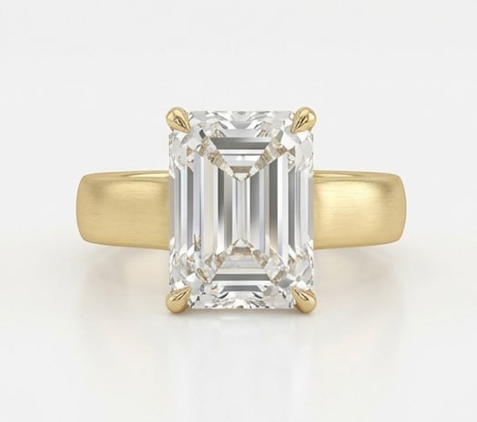 Modern Solitaire with Wide Matte Band Emerald Cut 6 ct Lab-Grown Diamond Ring in 14K Yellow Gold: Title: Modern Solitaire with Wide Matte Band Emerald Cut 6 ct Lab-Grown Diamond Ring in 14K Yellow Gold Description: This refined modern solitaire with wide matte band ring features a 6 ct lab-grown d