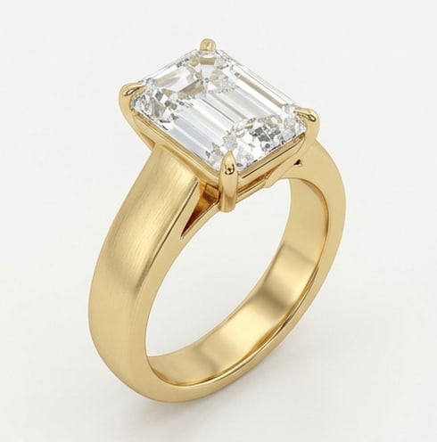 Modern Solitaire with Wide Matte Band Emerald Cut 6 ct Lab-Grown Diamond Ring in 14K Yellow Gold - 3