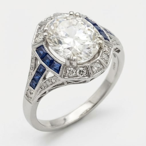 Art Deco Target Halo with Milgrain Oval Cut 6 ct Lab-Grown Diamond Ring in 14K White Gold - 3