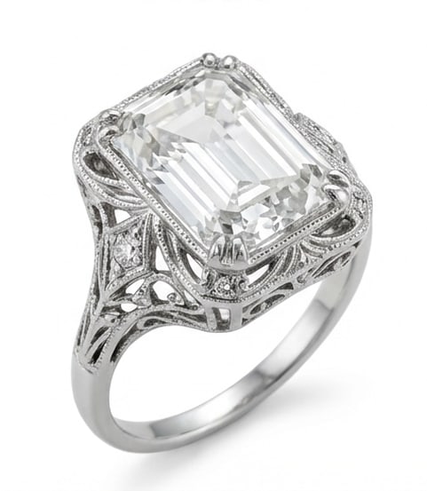 Vintage Art Deco Filigree Split Shank Emerald Cut 10 ct Lab-Grown Diamond Ring in 14K White Gold - 2