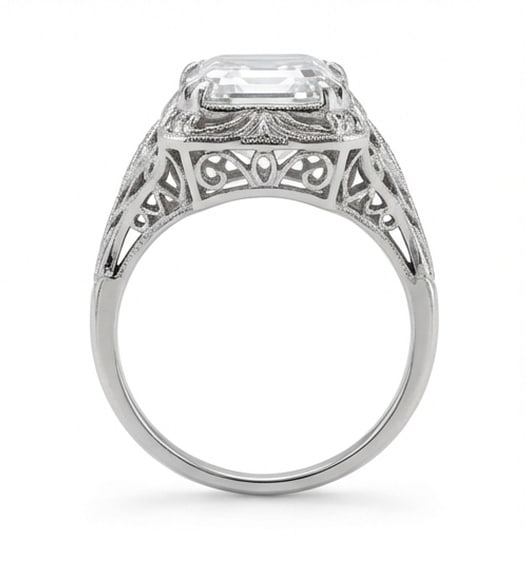 Vintage Art Deco Filigree Split Shank Emerald Cut 10 ct Lab-Grown Diamond Ring in 14K White Gold - 3