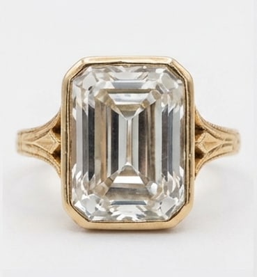 Vintage Bezel Solitaire with Engraving Emerald Cut 9 ct Lab-Grown Diamond Ring in 14K Yellow Gold (1 of 3)
