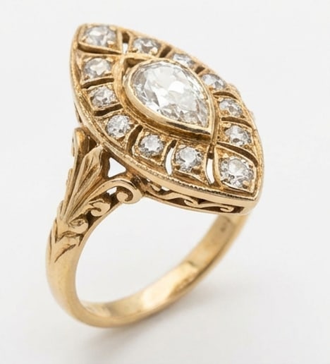 Vintage Navette Cluster (Dinner Ring) Pear Shape 4 ct Lab-Grown Diamond Ring in 14K Yellow Gold - 2