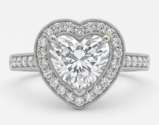 Classic Halo with Pave Set Band Heart Shape 4 ct Lab-Grown Diamond Ring in 14K White Gold: Title: Classic Halo with Pave Set Band Heart Shape 4 ct Lab-Grown Diamond Ring in 14K White Gold Description: This refined classic halo with pave set band ring features a 4 ct lab-grown diamond in a h