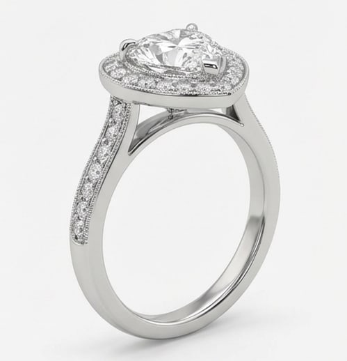 Classic Halo with Pave Set Band Heart Shape 4 ct Lab-Grown Diamond Ring in 14K White Gold - 2