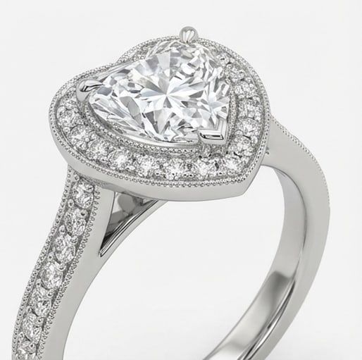 Classic Halo with Pave Set Band Heart Shape 4 ct Lab-Grown Diamond Ring in 14K White Gold - 3