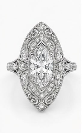 Antique "Shield" Ring with Filigree Marquise Cut 3 ct Lab-Grown Diamond Ring in 14K White Gold: Title: Antique "Shield" Ring with Filigree Marquise Cut 3 ct Lab-Grown Diamond Ring in 14K White Gold Description: This refined antique "shield" ring with filigree ring features a 3 ct lab-grown diamo