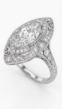 Antique "Shield" Ring with Filigree Marquise Cut 3 ct Lab-Grown Diamond Ring in 14K White Gold - 2