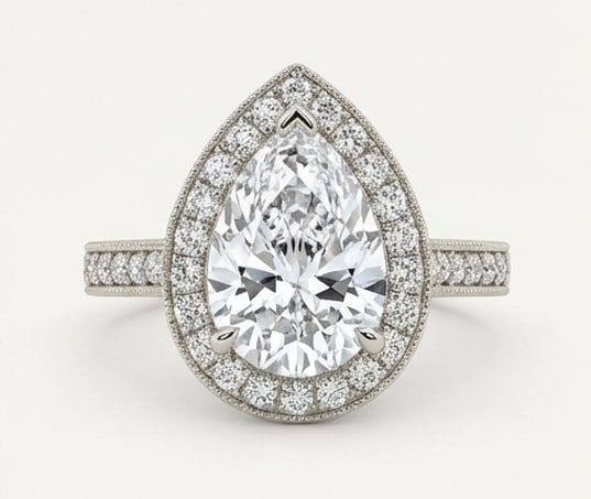 Halo with Pave Shoulders & Milgrain Pear Shape 5 ct Lab-Grown Diamond Ring in 14K White Gold: Title: Halo with Pave Shoulders & Milgrain Pear Shape 5 ct Lab-Grown Diamond Ring in 14K White Gold Description: This refined halo with pave shoulders & milgrain ring features a 5 ct lab-grown diamond