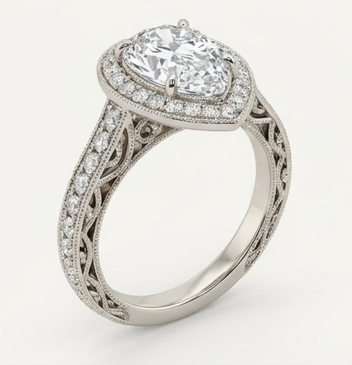 Halo with Pave Shoulders & Milgrain Pear Shape 5 ct Lab-Grown Diamond Ring in 14K White Gold - 2
