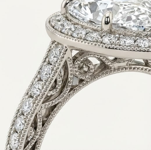 Halo with Pave Shoulders & Milgrain Pear Shape 5 ct Lab-Grown Diamond Ring in 14K White Gold - 3
