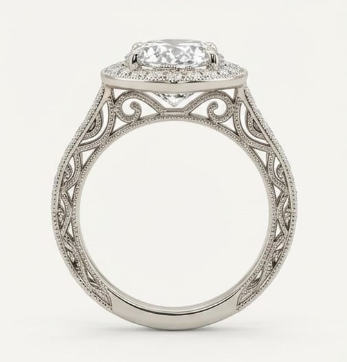 Halo with Pave Shoulders & Milgrain Pear Shape 5 ct Lab-Grown Diamond Ring in 14K White Gold - 4