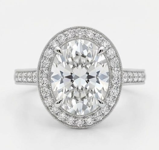 Vintage Halo with Pave Band & Milgrain Oval Cut 6 ct Lab-Grown Diamond Ring in 14K White Gold: Title: Vintage Halo with Pave Band & Milgrain Oval Cut 6 ct Lab-Grown Diamond Ring in 14K White Gold Description: This refined vintage halo with pave band & milgrain ring features a 6 ct lab-grown dia