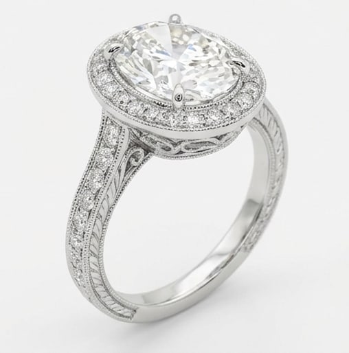 Vintage Halo with Pave Band & Milgrain Oval Cut 6 ct Lab-Grown Diamond Ring in 14K White Gold - 2