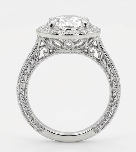 Vintage Halo with Pave Band & Milgrain Oval Cut 6 ct Lab-Grown Diamond Ring in 14K White Gold - 3