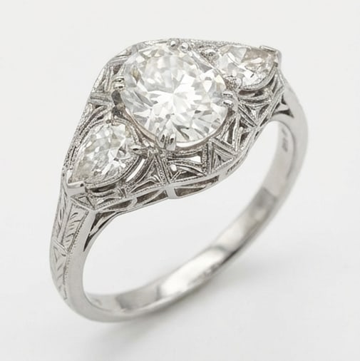 Vintage Three-Stone with Filigree Halo Oval Cut 2 ct Lab-Grown Diamond Ring in 14K White Gold - 2