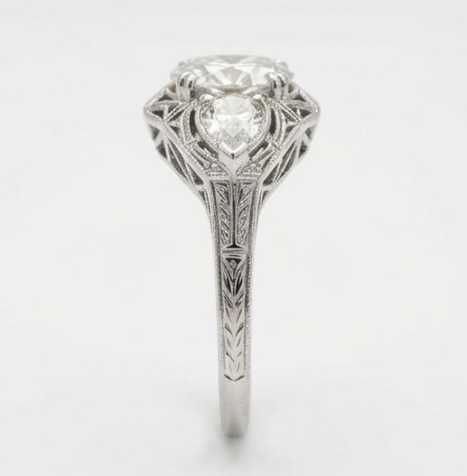 Vintage Three-Stone with Filigree Halo Oval Cut 2 ct Lab-Grown Diamond Ring in 14K White Gold - 4