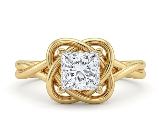 Celtic Knot / Interwoven Solitaire Princess Cut 3 ct Lab-Grown Diamond Ring in 14K Yellow Gold: Title: Celtic Knot / Interwoven Solitaire Princess Cut 3 ct Lab-Grown Diamond Ring in 14K Yellow Gold Description: This refined celtic knot / interwoven solitaire ring features a 3 ct lab-grown diamon