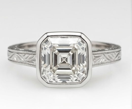 Bezel Set Solitaire with Wheat Engraving Asscher Cut 3 ct Lab-Grown Diamond Ring in 14K White Gold: Title: Bezel Set Solitaire with Wheat Engraving Asscher Cut 3 ct Lab-Grown Diamond Ring in 14K White Gold Description: This refined bezel set solitaire with wheat engraving ring features a 3 ct lab-gr