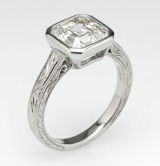 Bezel Set Solitaire with Wheat Engraving Asscher Cut 3 ct Lab-Grown Diamond Ring in 14K White Gold - 2