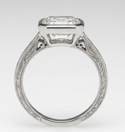 Bezel Set Solitaire with Wheat Engraving Asscher Cut 3 ct Lab-Grown Diamond Ring in 14K White Gold - 3