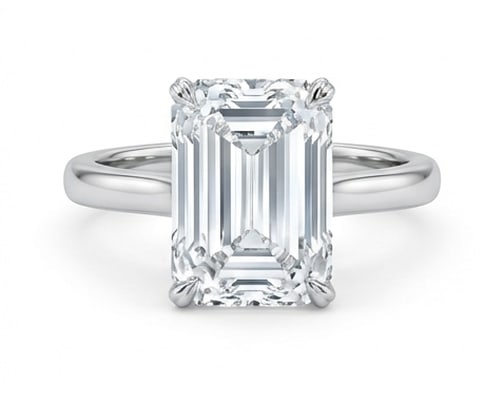 Double-Claw Prong Solitaire Emerald Cut 6 ct Lab-Grown Diamond Ring in 14K White Gold: Title: Double-Claw Prong Solitaire Emerald Cut 6 ct Lab-Grown Diamond Ring in 14K White Gold Description: This refined double-claw prong solitaire ring features a 6 ct lab-grown diamond in a emerald c