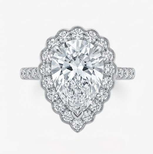 Scalloped Double Halo Pear Shape 7 ct Lab-Grown Diamond Ring in 14K White Gold - 2