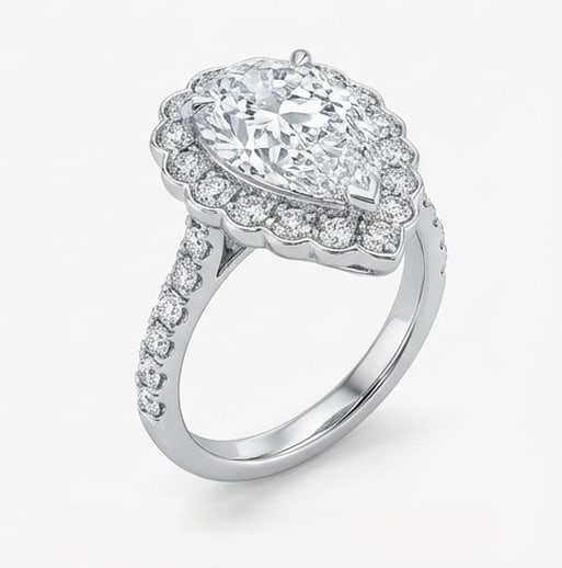 Scalloped Double Halo Pear Shape 7 ct Lab-Grown Diamond Ring in 14K White Gold - 3