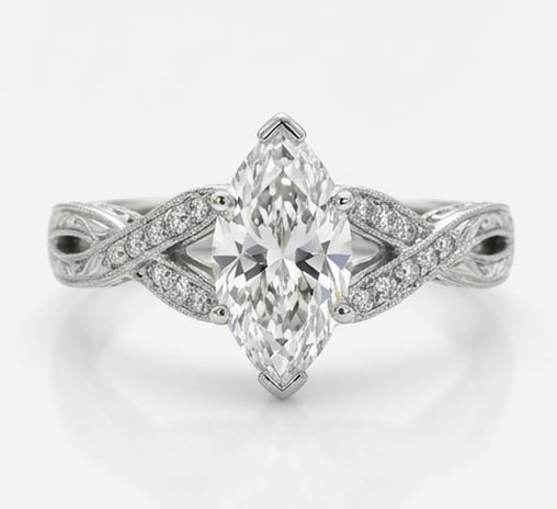 Vintage Twist/Leaf Shank Marquise Cut 3 ct Lab-Grown Diamond Ring in 14K White Gold: Title: Vintage Twist/Leaf Shank Marquise Cut 3 ct Lab-Grown Diamond Ring in 14K White Gold Description: This refined vintage twist/leaf shank ring features a 3 ct lab-grown diamond in a marquise cut c