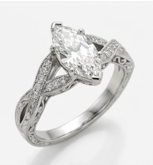 Vintage Twist/Leaf Shank Marquise Cut 3 ct Lab-Grown Diamond Ring in 14K White Gold - 2