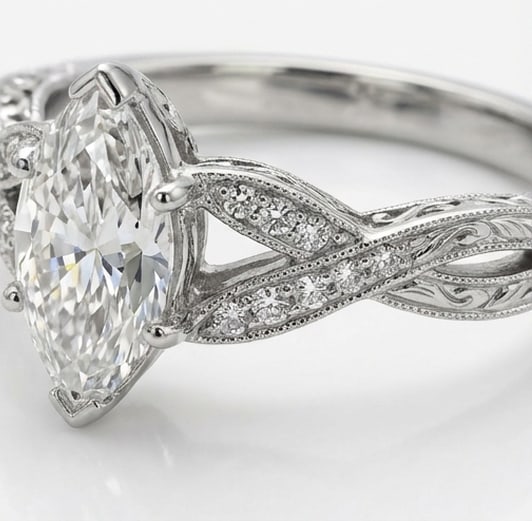 Vintage Twist/Leaf Shank Marquise Cut 3 ct Lab-Grown Diamond Ring in 14K White Gold - 3