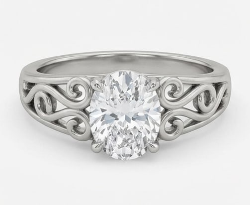 Solitaire with Open Scroll/Filigree Shank Oval Cut 2 ct Lab-Grown Diamond Ring in 14K White Gold - 2