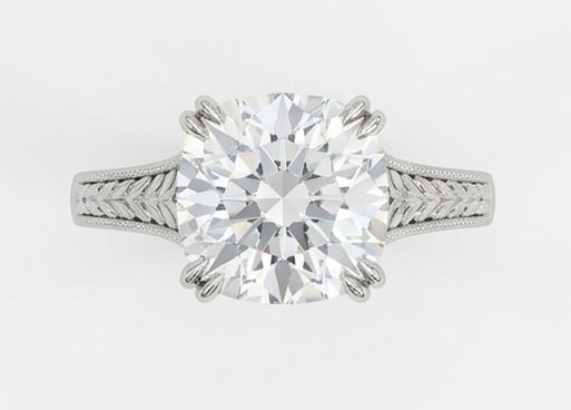 Solitaire with Wheat Engraved Shoulders Round Brilliant 4 ct Lab-Grown Diamond Ring in 14K White: Title: Solitaire with Wheat Engraved Shoulders Round Brilliant 4 ct Lab-Grown Diamond Ring in 14K White Gold Description: This refined solitaire with wheat engraved shoulders ring features a 4 ct lab-