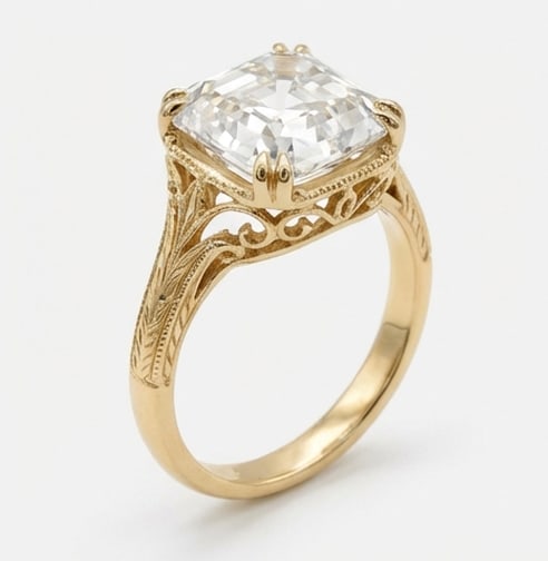 Vintage Solitaire with Filigree Gallery Asscher Cut 5 ct Lab-Grown Diamond Ring in 14K Yellow Gold - 2
