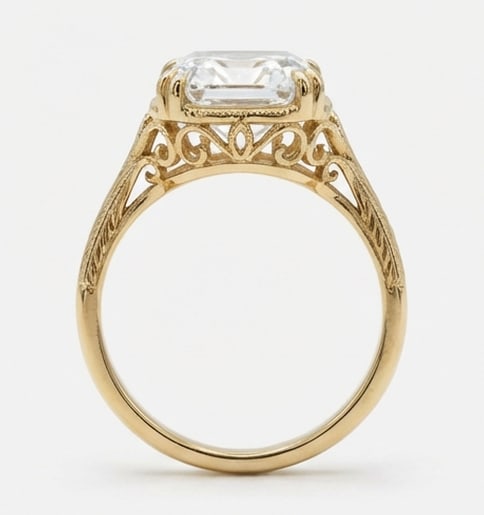 Vintage Solitaire with Filigree Gallery Asscher Cut 5 ct Lab-Grown Diamond Ring in 14K Yellow Gold - 3