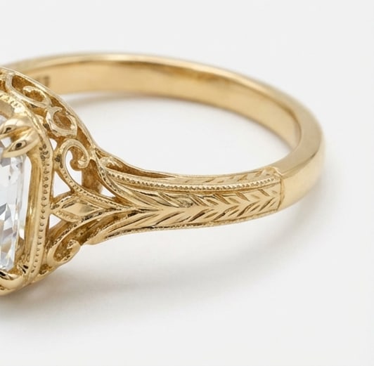 Vintage Solitaire with Filigree Gallery Asscher Cut 5 ct Lab-Grown Diamond Ring in 14K Yellow Gold - 4