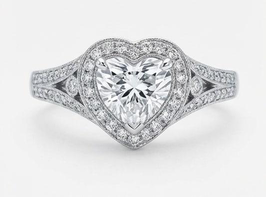 Halo with Split Shank & Milgrain Heart Shape 3 ct Lab-Grown Diamond Ring in 14K White Gold: Title: Halo with Split Shank & Milgrain Heart Shape 3 ct Lab-Grown Diamond Ring in 14K White Gold Description: This refined halo with split shank & milgrain ring features a 3 ct lab-grown diamond in a