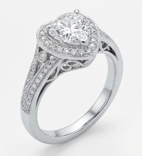 Halo with Split Shank & Milgrain Heart Shape 3 ct Lab-Grown Diamond Ring in 14K White Gold - 2