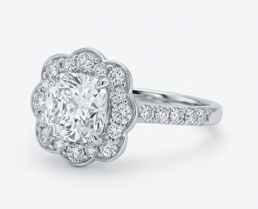 Scalloped "Floral" Halo Cushion Cut 3 ct Lab-Grown Diamond Ring in 14K White Gold - 2