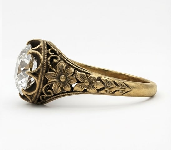 Antique Floral Solitaire (8-Prong) Round (Old European) 4 ct Lab-Grown Diamond Ring in 14K Yellow - 2