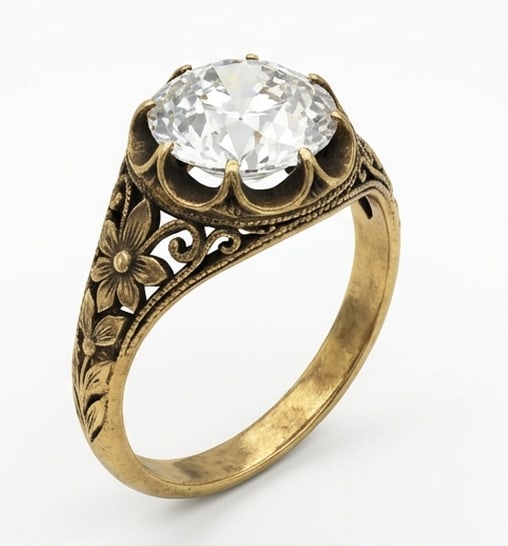 Antique Floral Solitaire (8-Prong) Round (Old European) 4 ct Lab-Grown Diamond Ring in 14K Yellow - 3